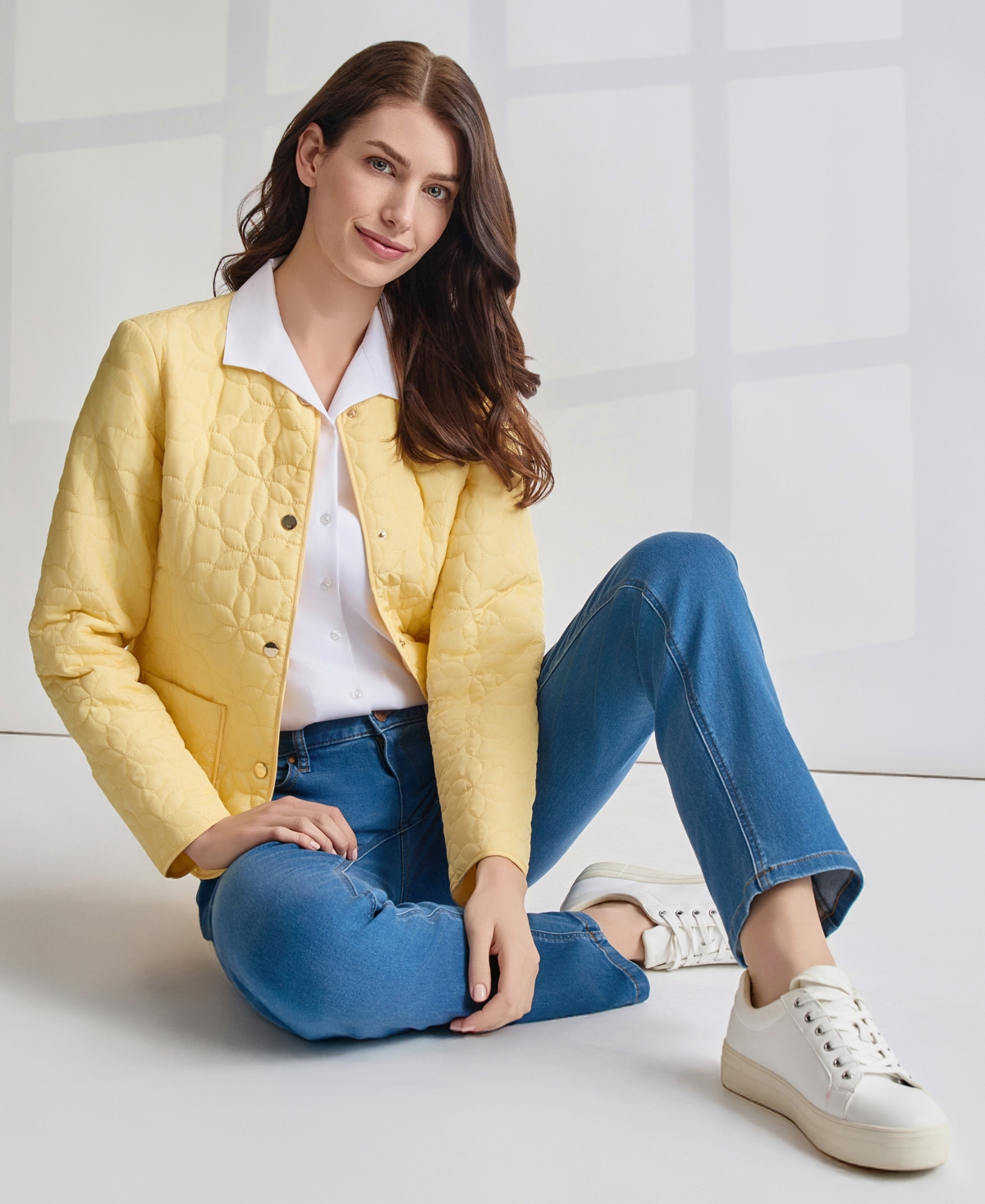 Jones New York Women's Quilted Flower Crew Neck Jacket