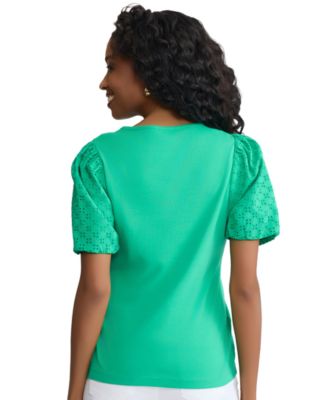 Women's Eyelet Puff-Sleeve Crew Neck Top