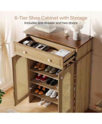 Shoe Cabinet with Doors, 6-Tier Shoe Rack with Drawer and Adjustable Shelves, 43.3" Tall Boho Farmhouse Shoe Storage Cabinet