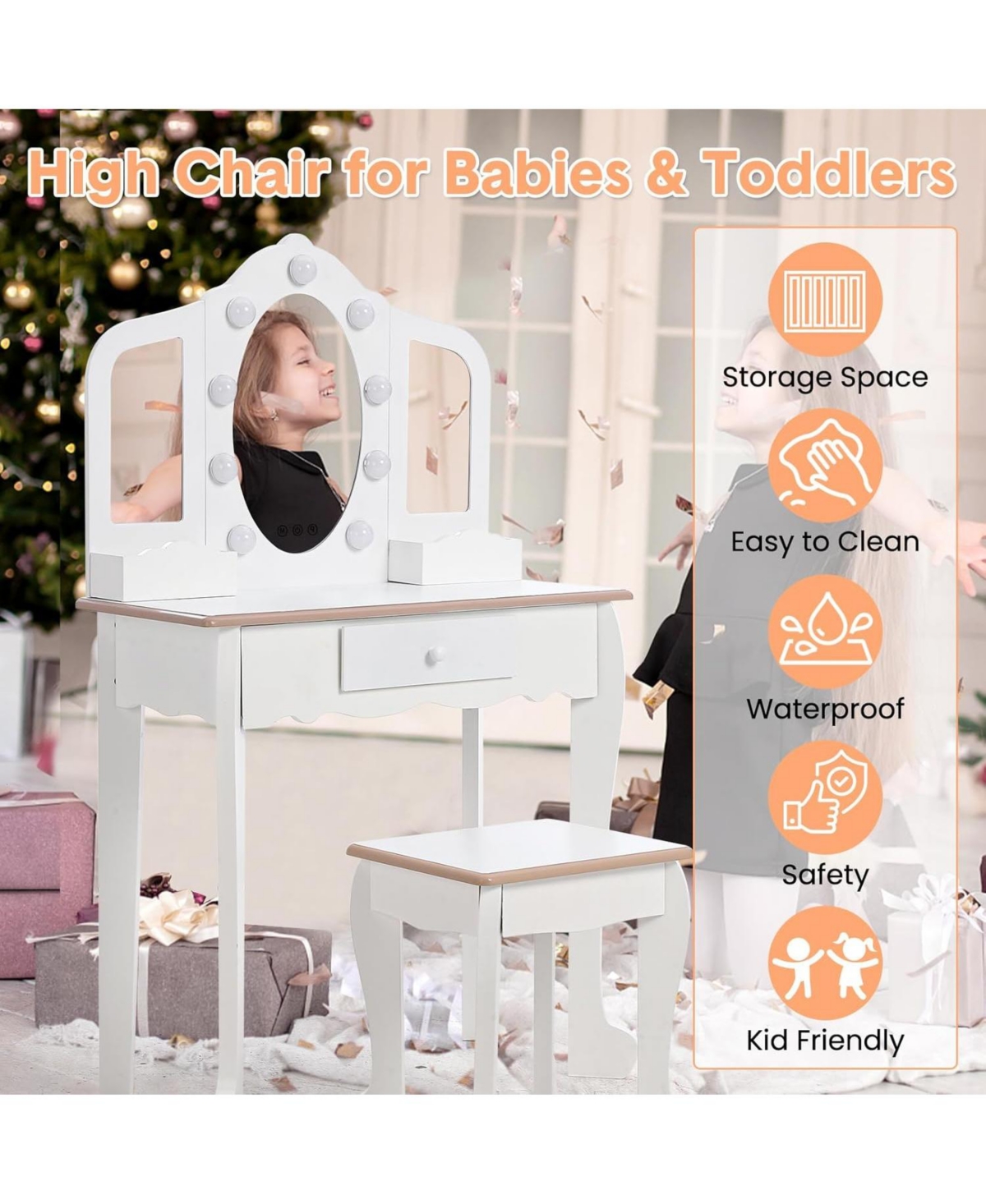 gaomon Kids Vanity Set with 3 Mirrors, Pretend Play Girls Table and Chair Lighted Mirror, Stool, Wood Makeup Playset