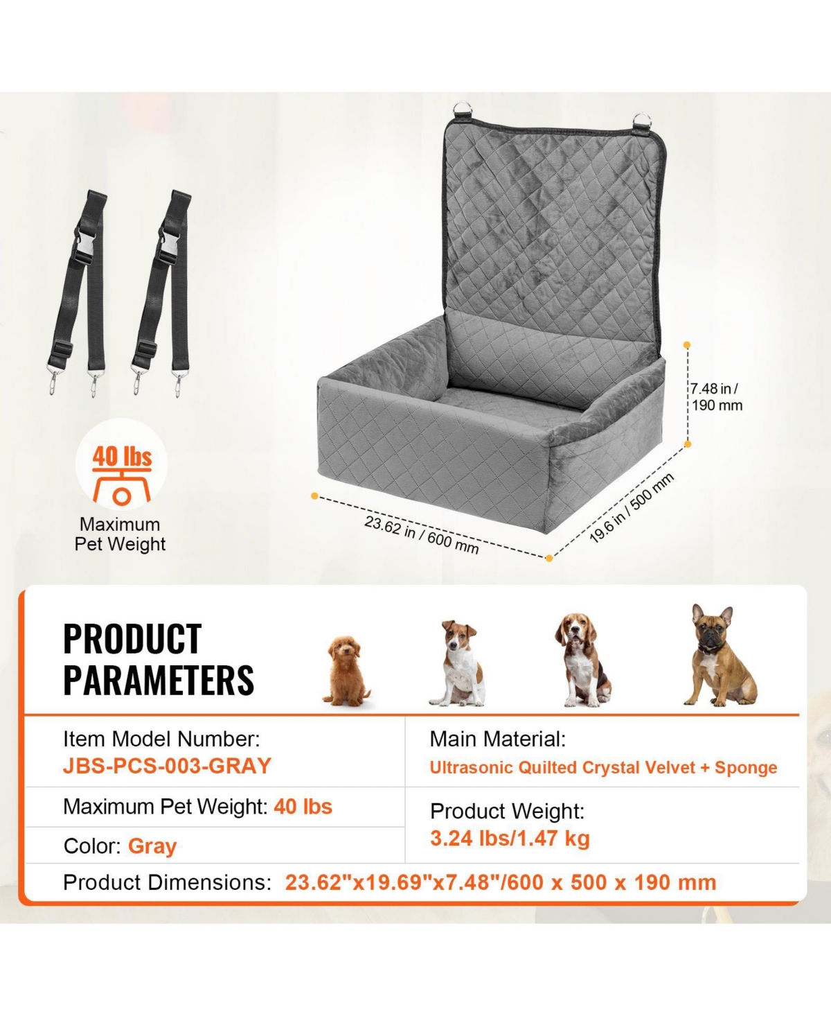 Cozito Dog Car Booster Seat w/ Storage Pocket & Safety Leash, Sponge + Pp Cotton Fill, Dog Car Bed for Small/Medium Dogs up to 40 lb, Gray