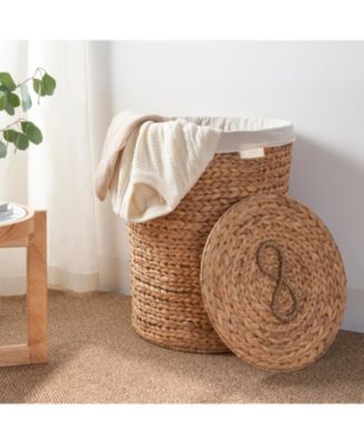 Round Water Hyacinth Woven Hamper Basket with Lid, Multi-Purpose Organizer, for Decoration in Bedroom, Living Room, Laundry Room, Entryway