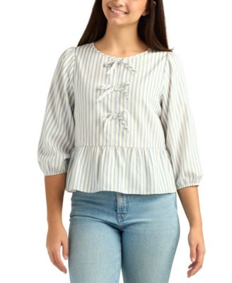 Juniors' Striped Puff-Sleeve Crewneck Peplum Top