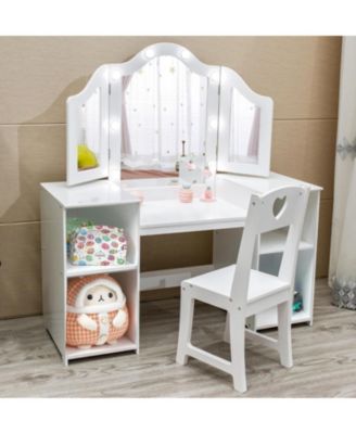 Kids Vanity with Lights,2 in 1 Princess Makeup Desk & Chair Set, Lighted Mirror, Storage Shelves & Cabinet