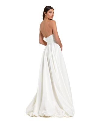Petite Strapless High-Low Satin Gown with Draped Skirt