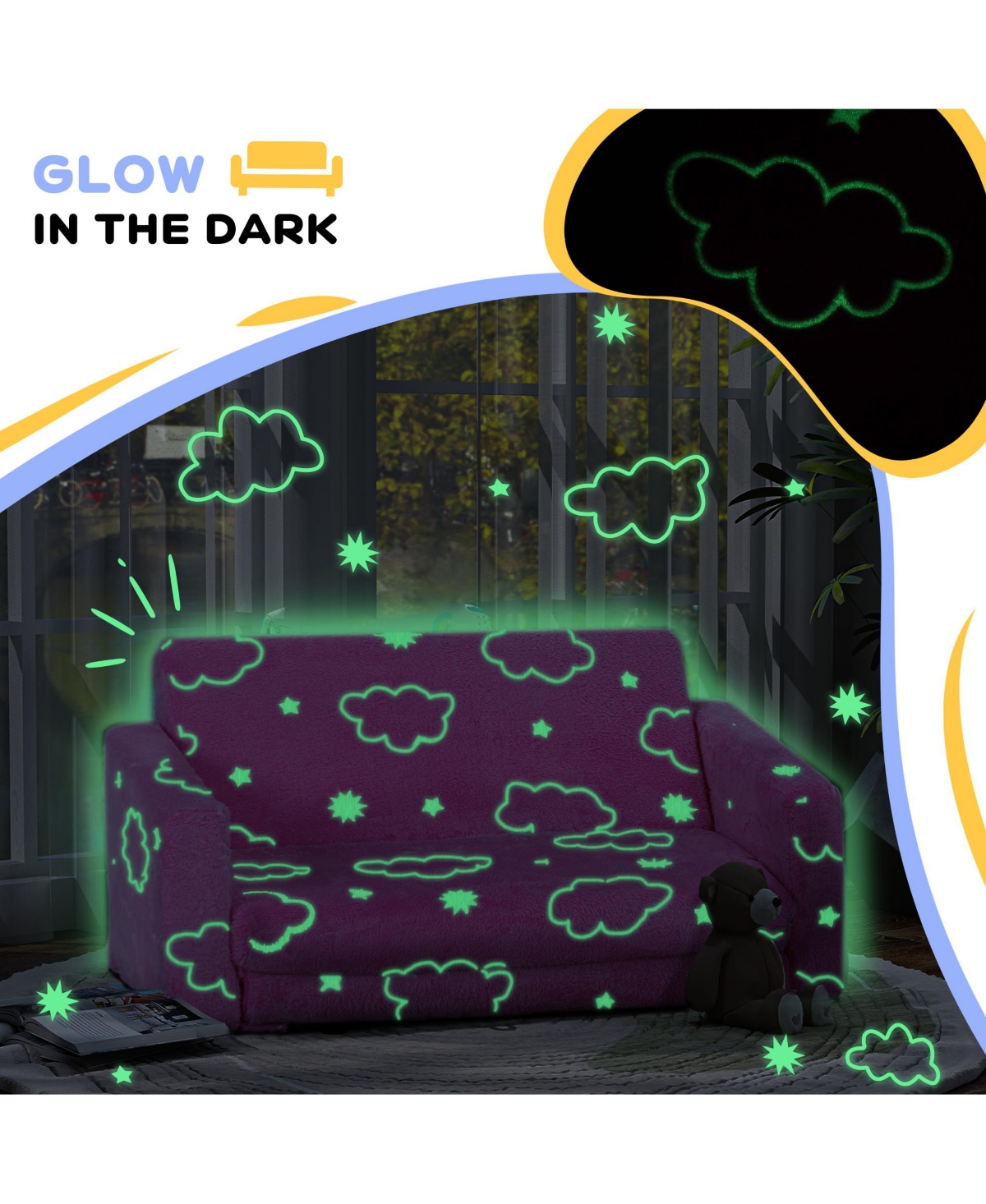 Qaba 2 in 1 Kids Play Couch with Glow in the Dark Cloud Pattern,