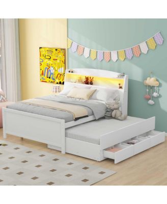 Full Size Platform Bed with Storage LED Headboard, Twin Size Trundle and 3 Drawers