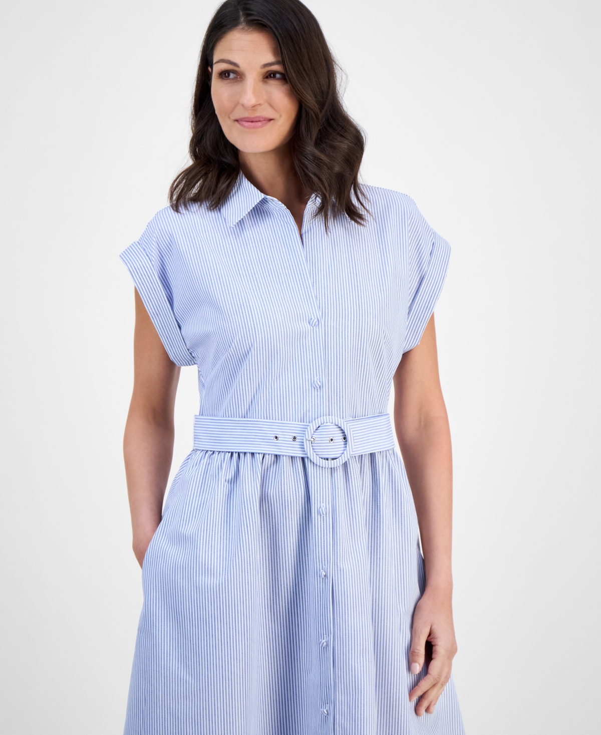 Robbie Bee Women's Striped Belted Midi Shirtdress