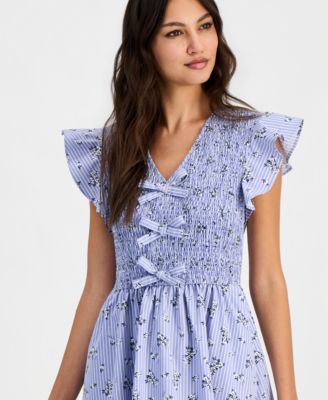 Women's Printed Smocked Flutter Sleeve Midi Dress