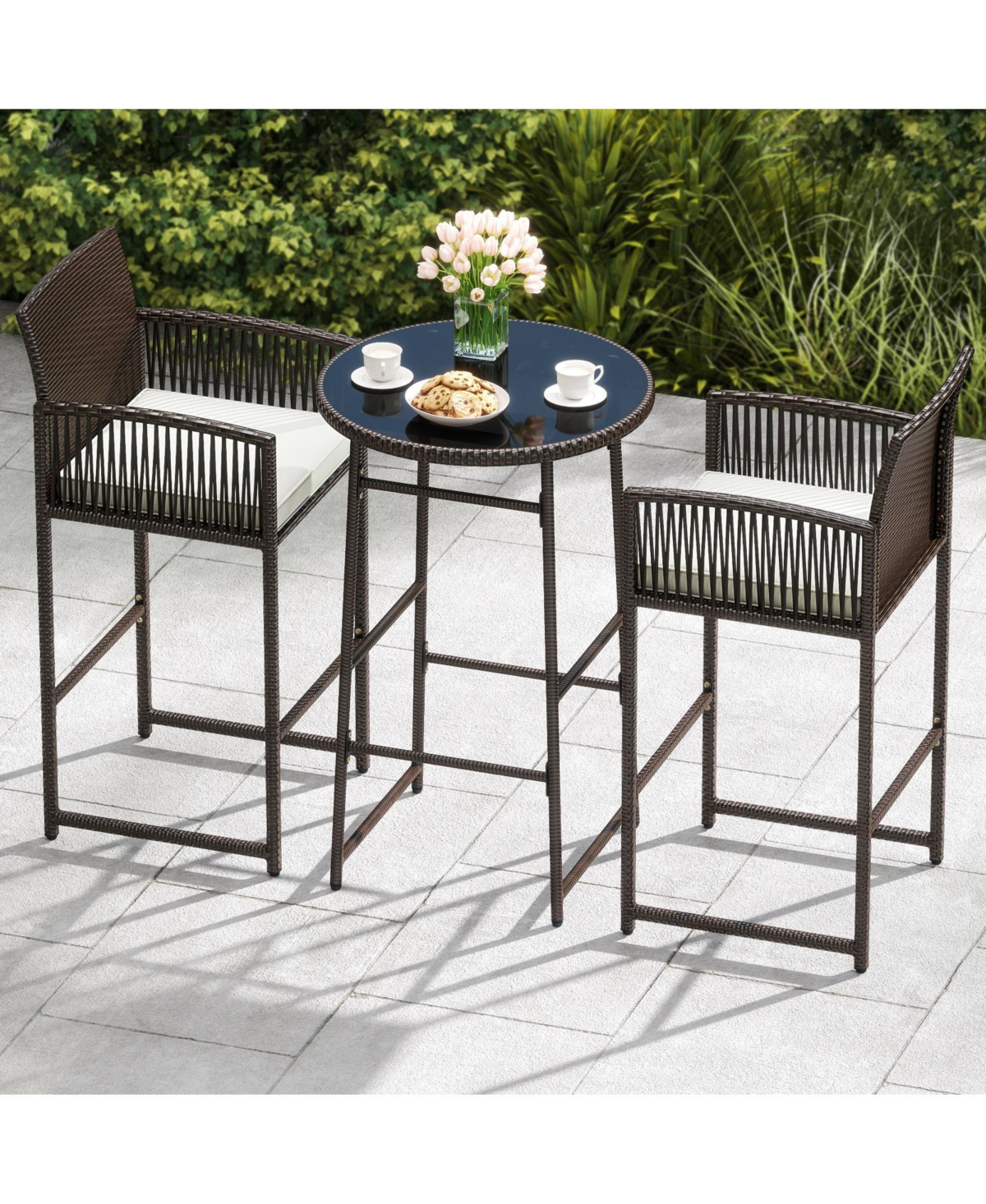 Slickblue Patio Wicker Bar Table Set with 2 Armchairs, 3 Pieces
