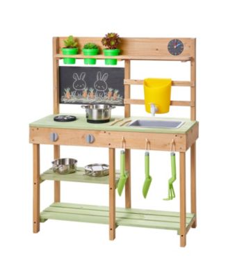 Kids Outdoor Mud Kitchen, Wooden Play Kitchen with Stove, Tank & Sink, Shovels, Spatulas, Box, Cookware Pots & Accessories