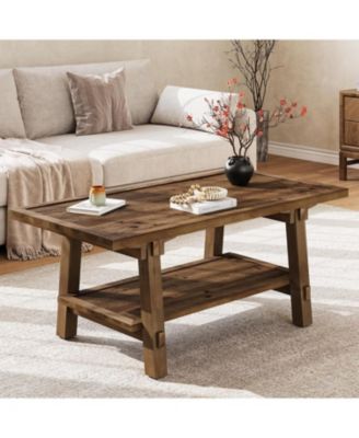 Solid Wood Coffee Table, 47-Inch Rustic Coffee Table for Living Room, 2-Tier Wood Farmhouse Rectangle Center Table with Storage