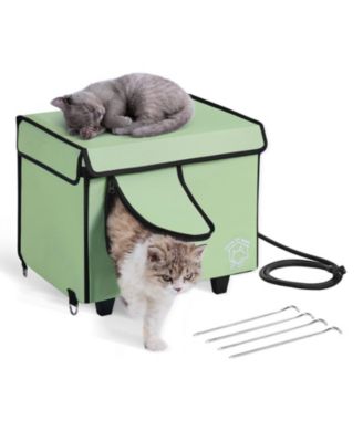 Elevated Heated Cat House with Timer, Adjustable Temperature, 900D Oxford Cloth Foldable Shelter with Heated Pad, Green, Small