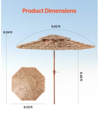 9 ft Tiki Patio Umbrella with Tilt, 2-Tier Thatched Hawaiian Style Beach Parasol with PP Thatch and 8 Metal Ribs