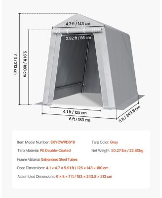 6 x 8 ft Outdoor Storage Shed Tent, Waterproof Portable Storage Tent with Roll-Up Door and Vents, Heavy Duty Frame, Grey