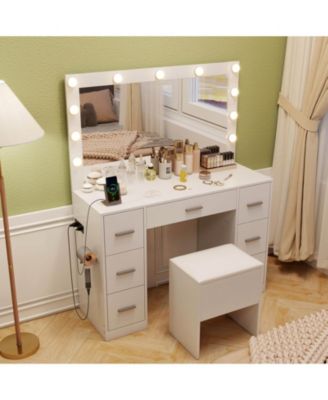 Vanity Desk with Mirror and Lights Storage Stool Power Outlets 3 Lighting Colors