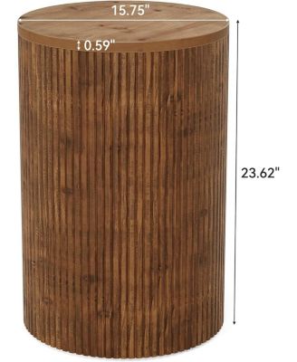 Solid Wood Round Side Table with Storage, No-Assembly Fluted End Table with 4 Wheels, Wooden Nightstand (Fully Assembled)