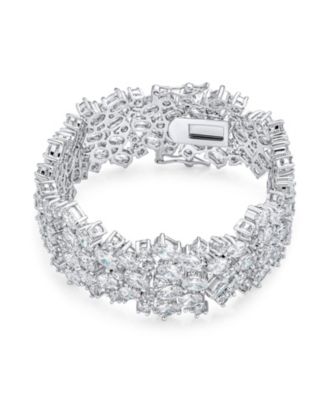 Elegant Special Occasion Jewelry Multi Row Cluster Design Cubic Zirconia CZ Wide Statement Bracelet Occasions Silver Plated