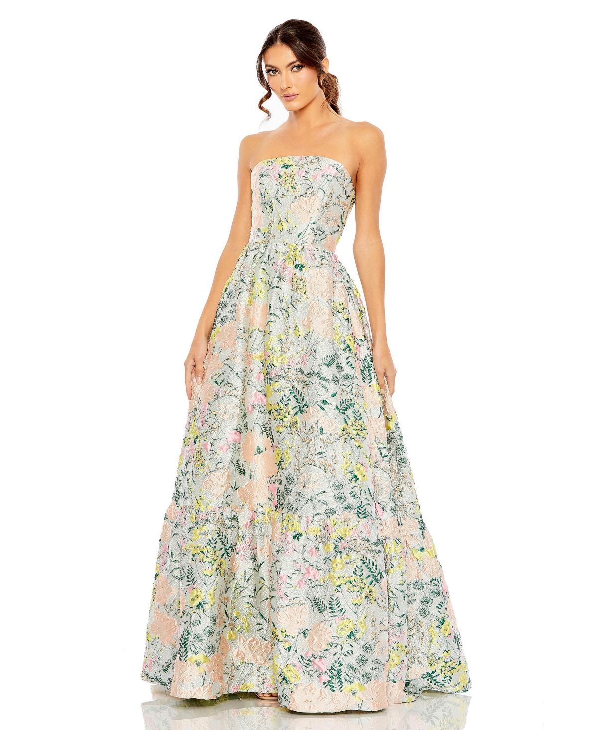 Mac Duggal Petite Floral Brocade Strapless A Line Gown