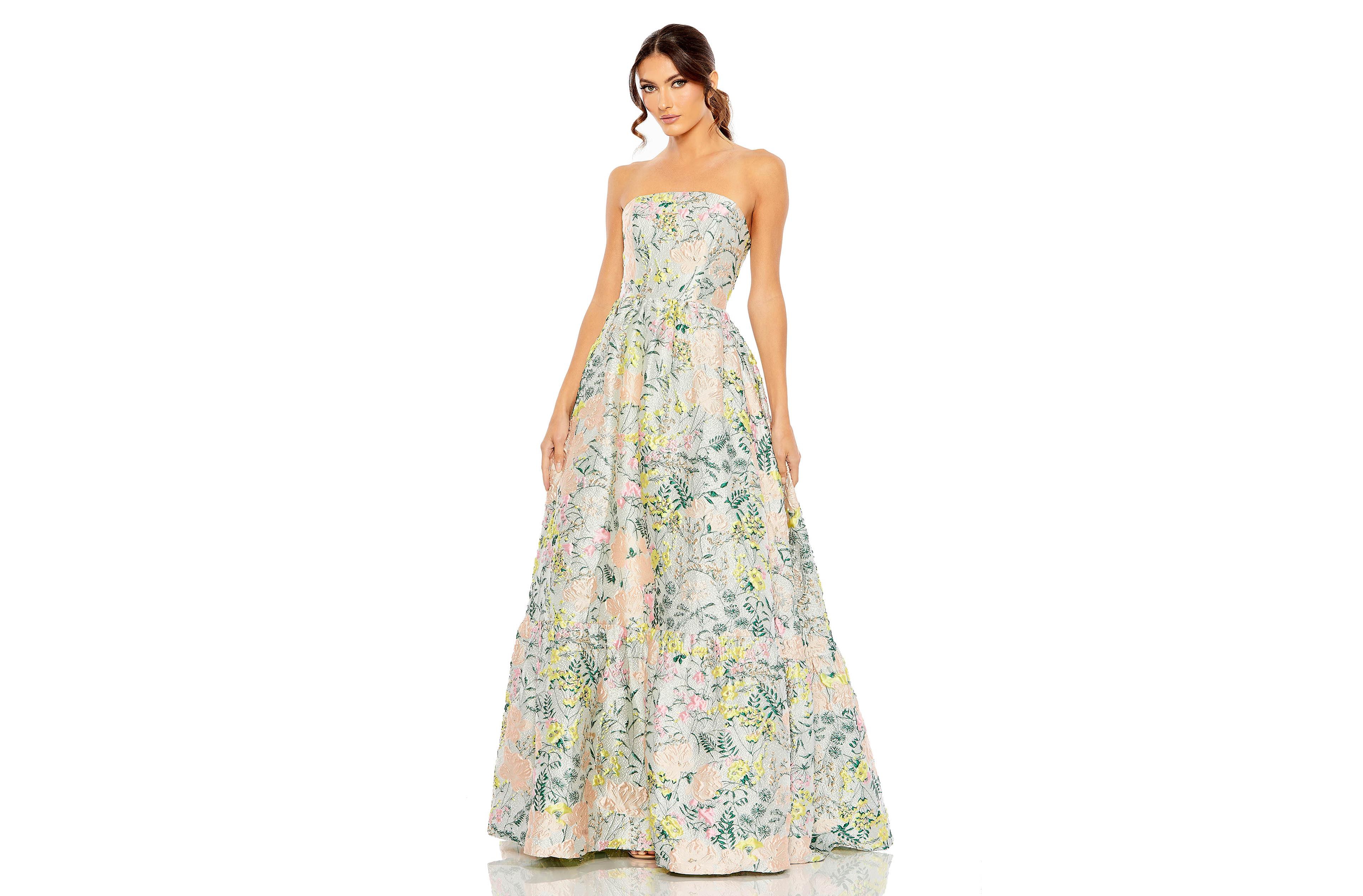 Mac Duggal Petite Floral Brocade Strapless A Line Gown
