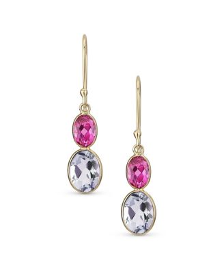 Classic 10K Gold Faceted  Bezel Set Oval Purple Amethyst & Pink Sapphire Drop Earrings