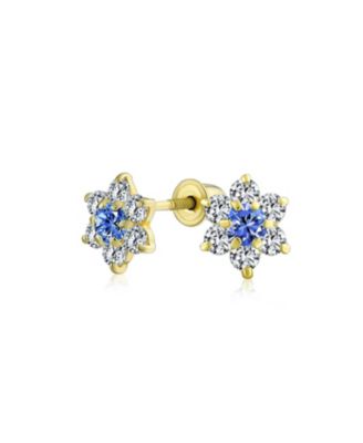 Tiny Royal Sapphire Blue Cubic Zirconia CZ Flower Stud Earrings 14K Gold Screw-back