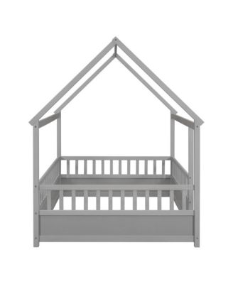 Full Size Wooden Floor Bed with House Roof Frame & Fence Guardrails for Kids