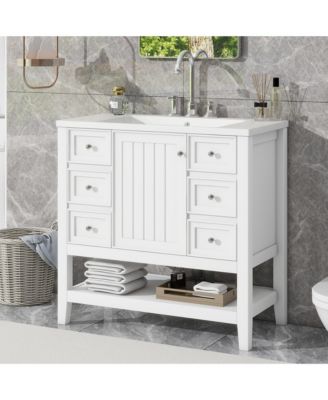 36in. Solid Wood and MDF Board Bathroom Vanity with Sink, One Cabinet and Three Drawers