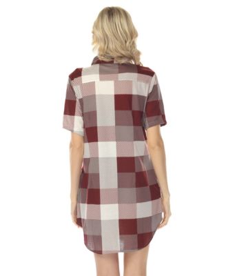 Women's Short Sleeve Plaid Button-Down Shirt Dress
