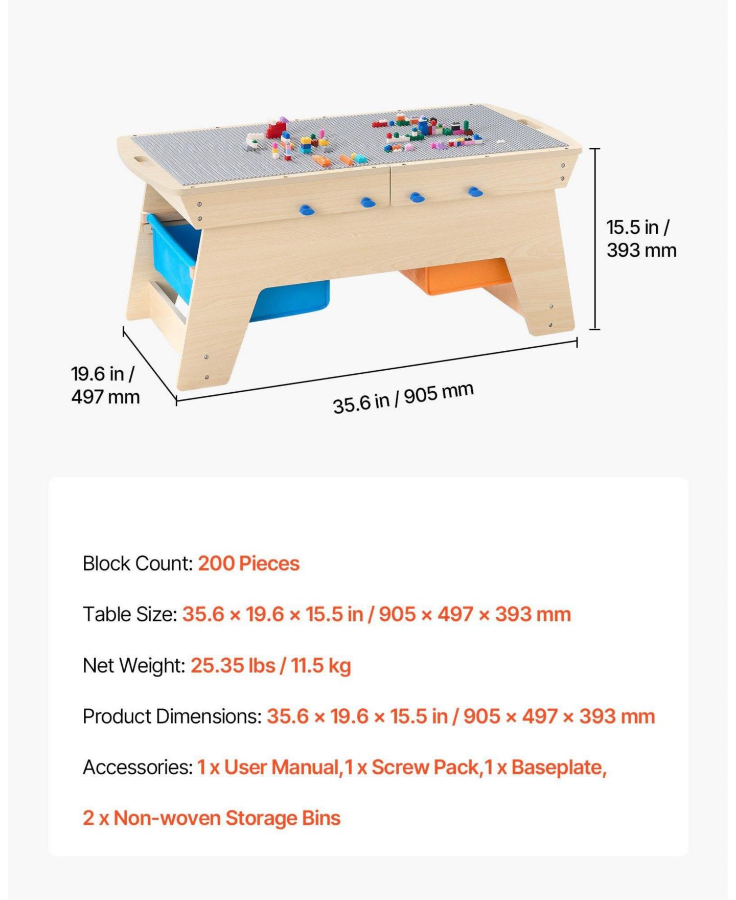 Детские конструкторы Mecale Reversible Wooden Activity Table with 200-Piece Building Blocks, Ages 3+, цвет: Коричневый — фото 4