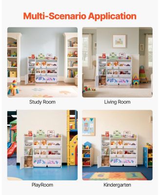 Kids Toy Storage Organizer with Bookshelf, 4-Tier Cubby Cabinet with 8 Flexible Plastic Bins, Toy & Book Storage, White