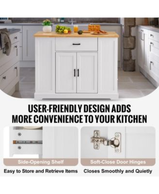 46" MDF, Rubberwood Kitchen Island Cart with Wood Top, Storage Cabinet, Adjustable Shelf, Drawer, Farmhouse Rolling Table