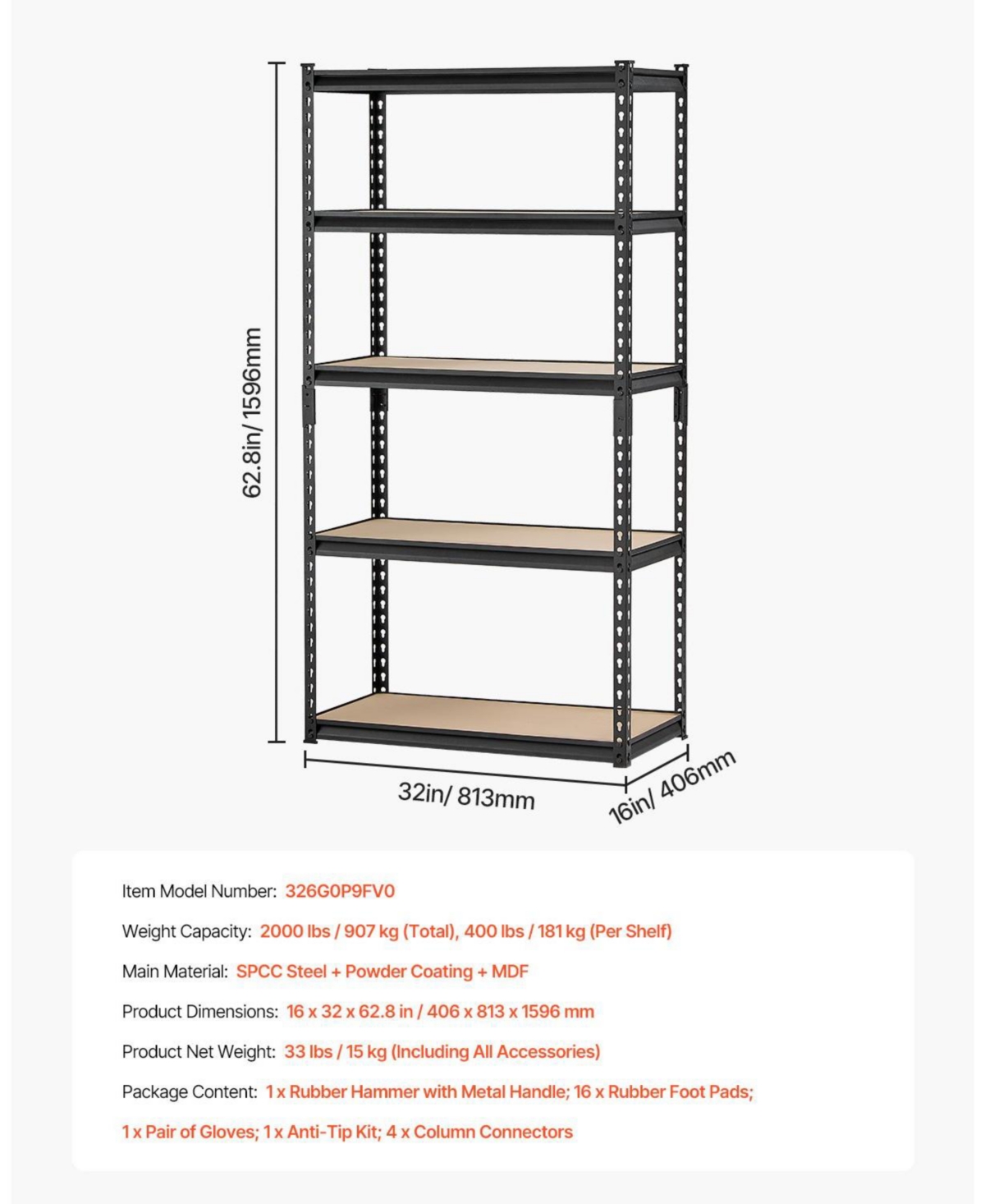 Mecale 5-Tier Garage Storage Shelves, 16"D x 32"W x 62.8"H, 2000 lb Capacity, Adjustable Metal Utility Shelving Rack