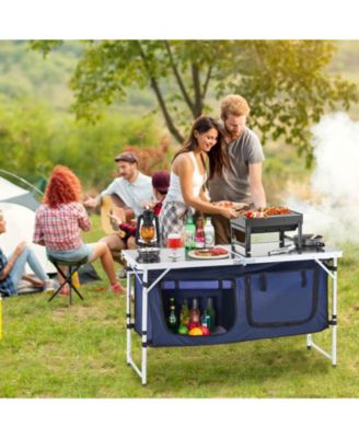 Camping Kitchen Table – Folding Aluminum Cook Station with Storage & Adjustable Heights