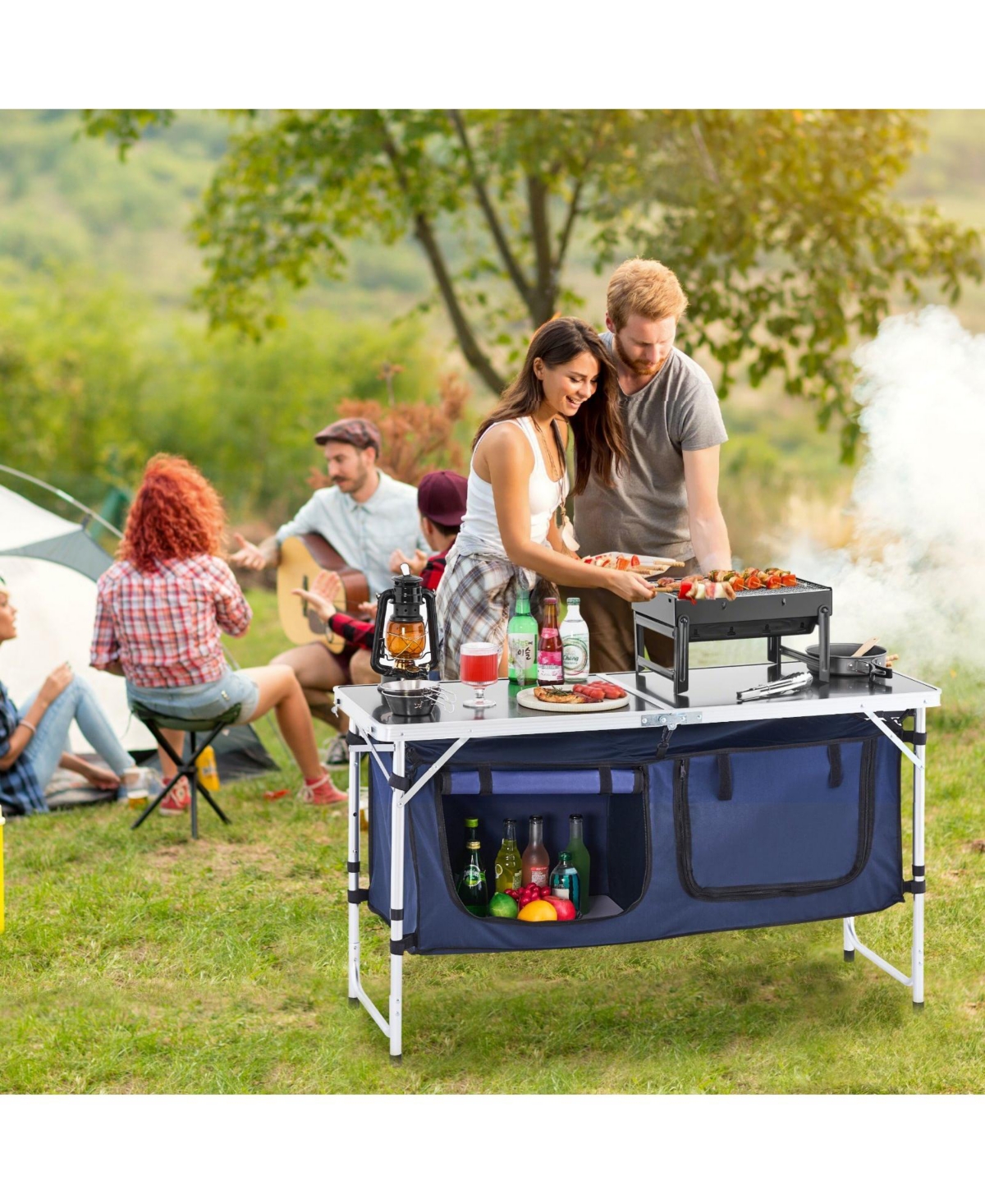 Mecale Camping Kitchen Table – Folding Aluminum Cook Station with Storage & Adjustable Heights