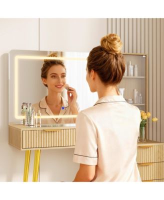 48" Makeup Vanity Desk with Glass Top, LED Mirror & Lights, 5 Drawers, Power Outlet – Modern Fluted Bedroom Design