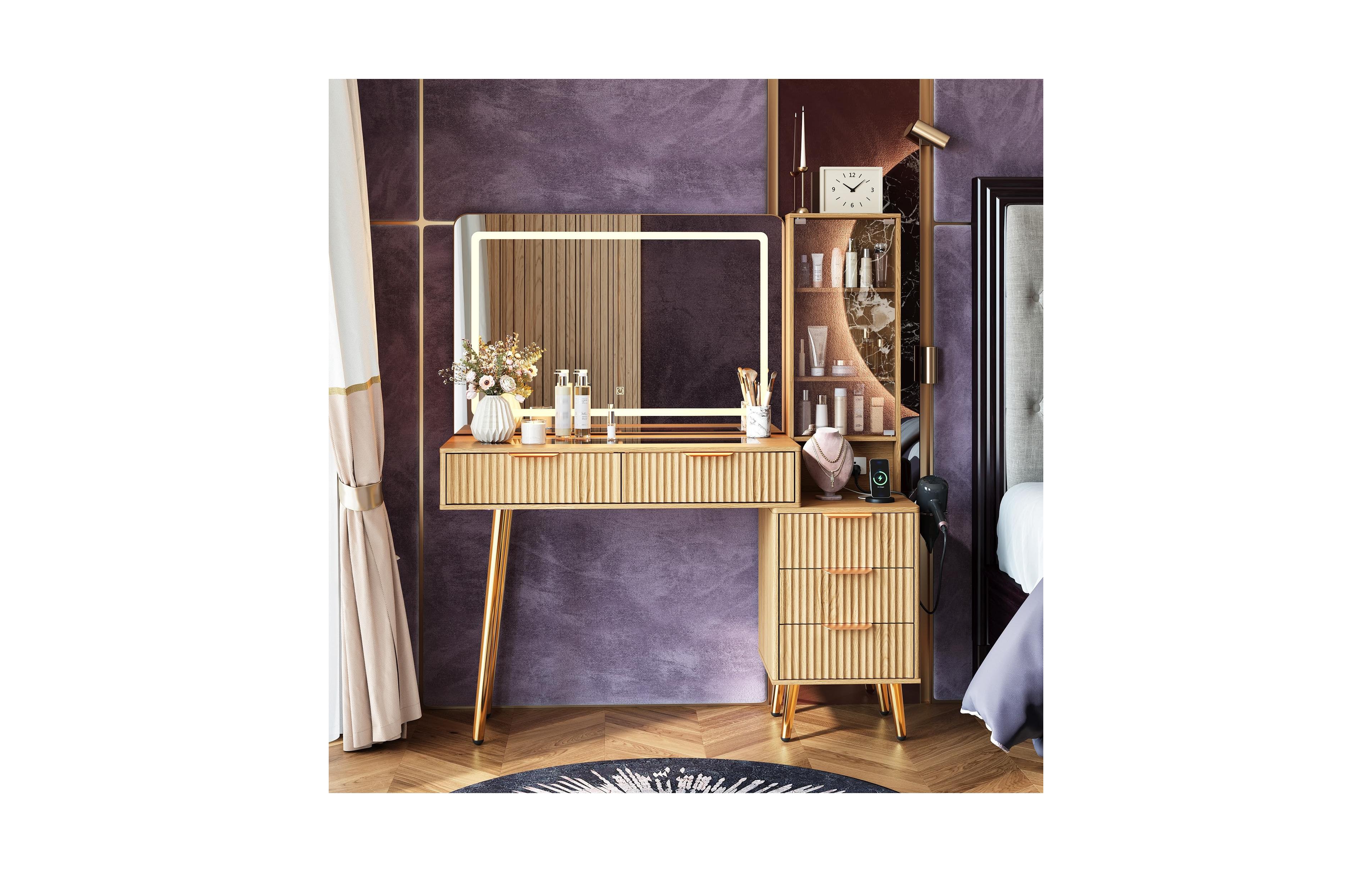 Gaomon 48" Makeup Vanity Desk with Glass Top, Led Mirror & Lights, 5 Drawers, Power Outlet – Modern Fluted Bedroom Design