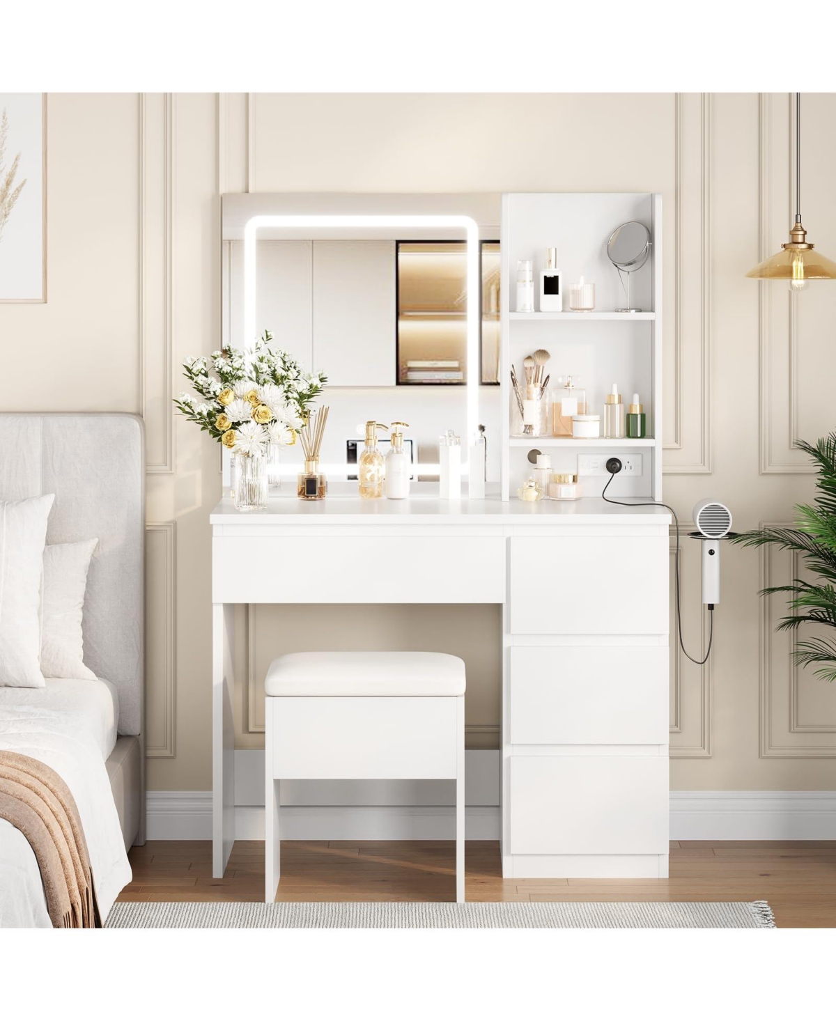 gaomon Makeup Vanity with Light and Mirror, Desk Foldable Desktop, Adjustable Lighting, Drawers Cushioned Stool, Dressing Table for Bedroom