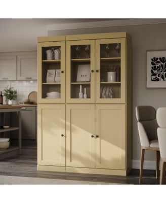 100% Solid Wood 48.5" Pantry China Cabinet with Clear Glass, Shaker Doors & Adjustable Shelves