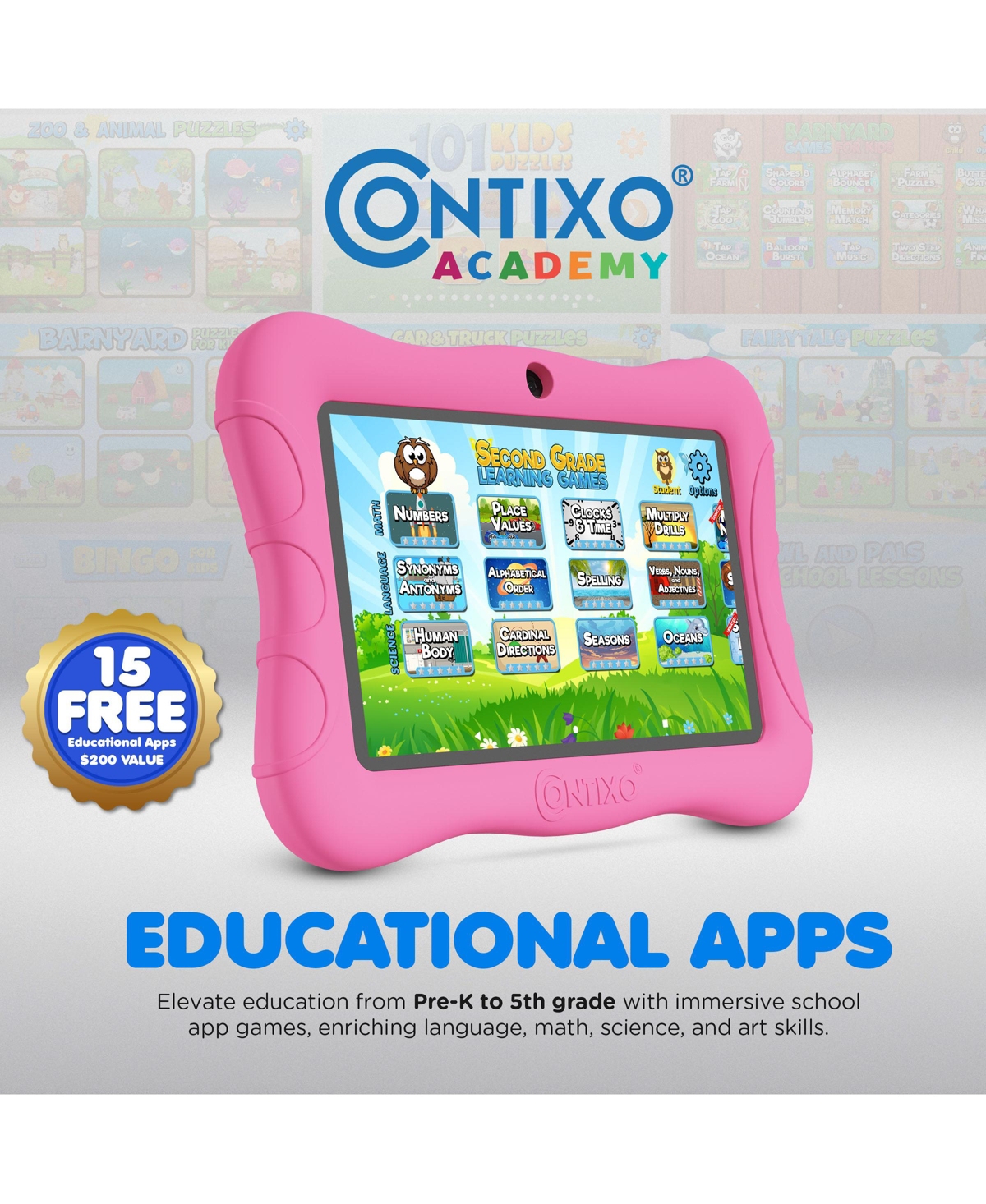 Contixo 7" Android Kids Tablet 32GB, Includes 50+ Disney Storybooks & Stickers, Protective Case with Kickstand, (2024 Model)