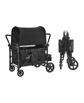 Wagon Stroller for 4 Kids, Collapsible Push Pull Quad Stroller with Adjustable Handle, 5-Point Harness, Removable Canopy, Black, 330 lbs Load