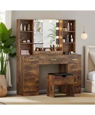 Makeup Vanity Desk with Lighted Mirror, Large Brown Vanity Table Set,  Power Outlet & USB Ports, Dressing Table with Storage Bench