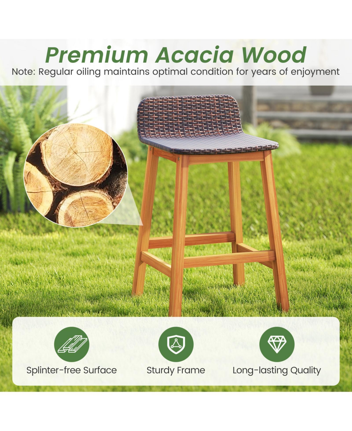 Slickblue 2-Piece Acacia Wood Bar Stools for Porch with Footrests
