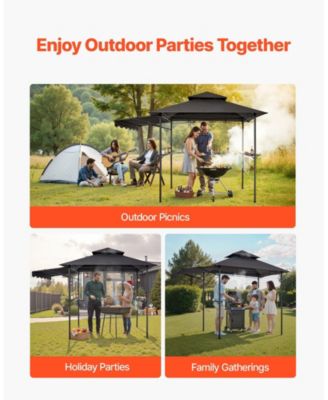 8 x 5 ft Grill Gazebo, Double-Tiered Top BBQ Gazebo with Extra Awning, Steel Frame, 2 Side Shelves, Bottle Opener and Hooks
