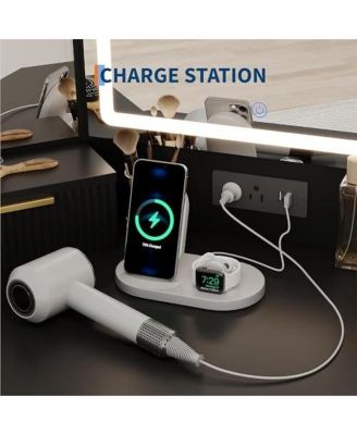 Lighted Mirror Corner Vanity Desk with Charging Station – Fluted Design, 3 Drawers, Cabinets & Open Shelves