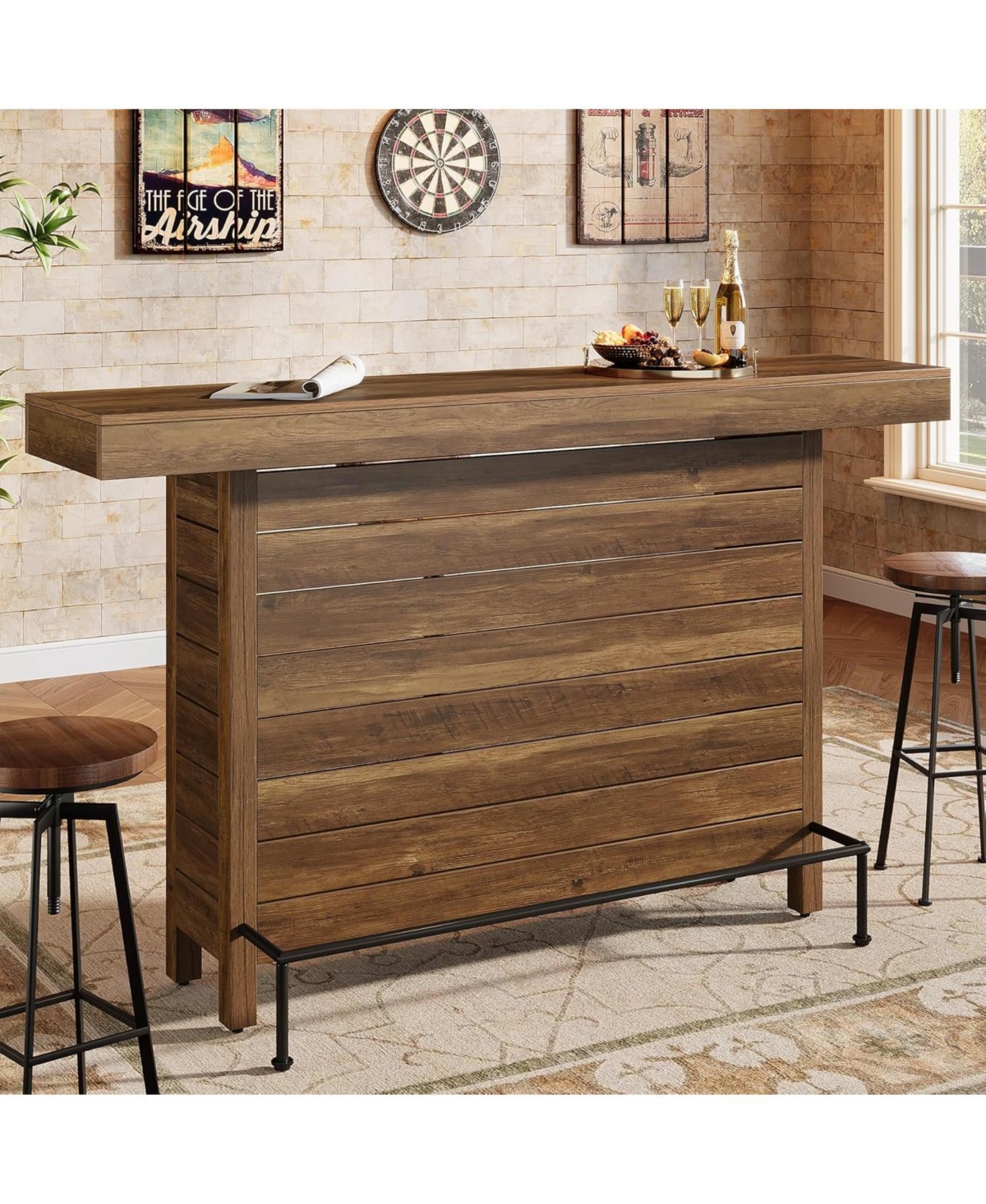 Tribesigns Industrial 3-Tier Bar Table, 63" Wooden Rectangular Home Bar Unite, Modern Counter Height Pub Table with Storage Shelves and Metal Footrest