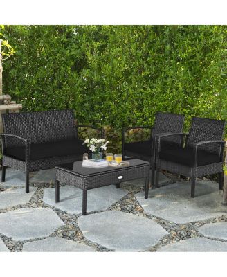 4 Piece Patio Rattan Furniture Set with Cushions, Loveseat & Table