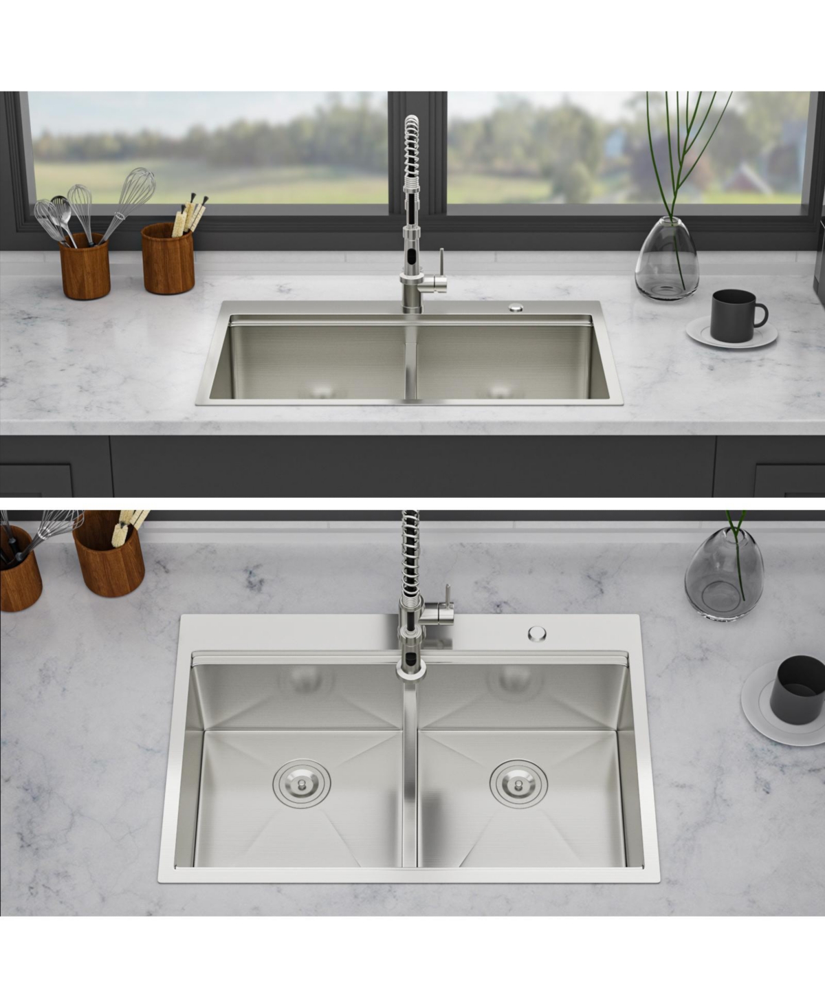 flynama 36x22x10inch Topmount Double Bowl Kitchen Sink 16 Gauge Stainless Steel Split Brushed Nickel