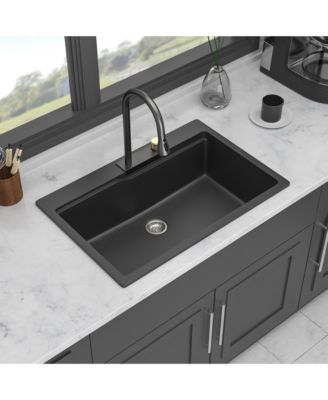 33x22x10inch Black Composite Granite Quartz Drop In Single Bowl Workstation Waterfall Kitchen Sink with Pull Out Faucet