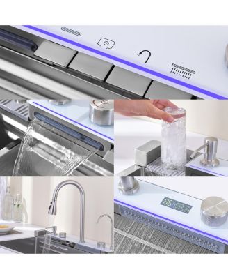 Smart Waterfall Kitchen Sink Single Bowl Pull Out Faucet 304 Stainless Steel